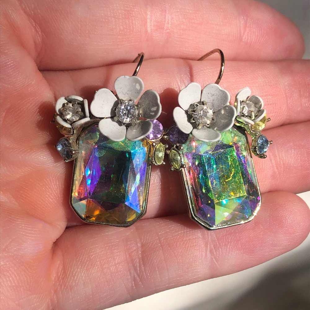 Betsey Johnson Cream Flower + Iridescent Rhinestone Dangle Earrings